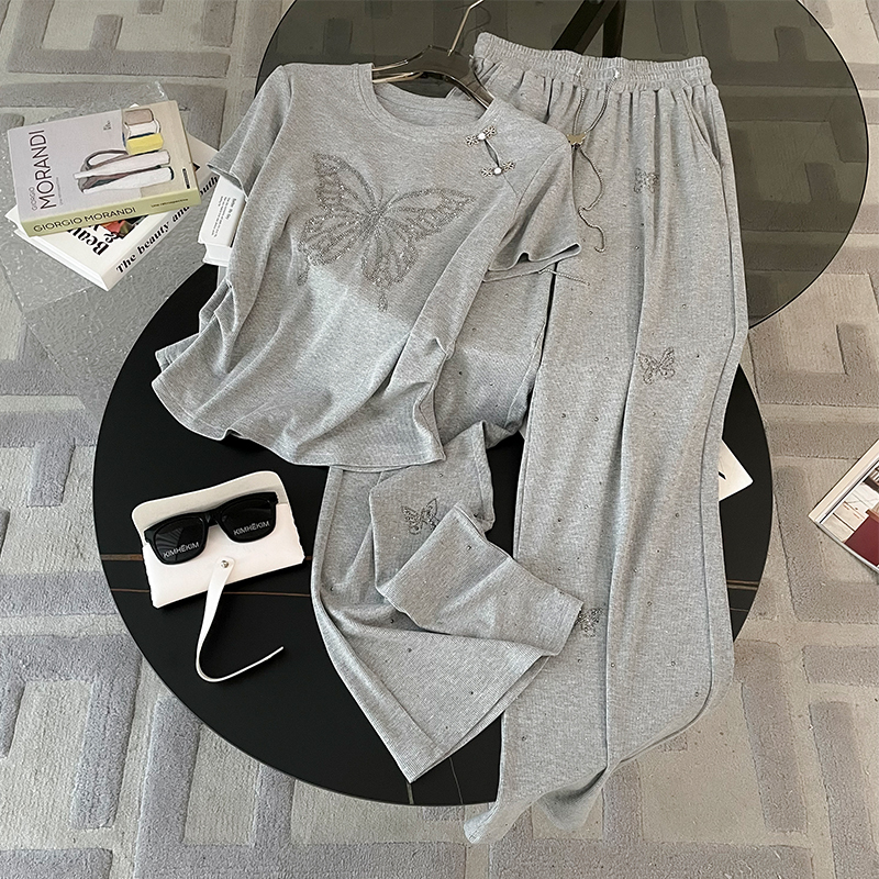 Brand European-Style Gray Tracksuit Set for Women, Summer Fashionable and Trendy, Street-Style Casual, Age-Reducing Wide-Leg Pants Two-Piece Set