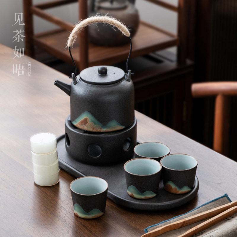 Zen kung fu tea set set small candle tea maker warm tea stove coarse ceramic beam pot office living room far mountain