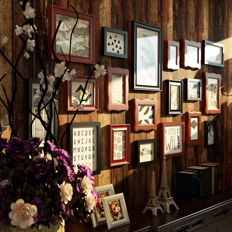 Solid wood photo wall Photo frame Creative living room wall European and American photo wall Dining room combination painting background wall decorative painting