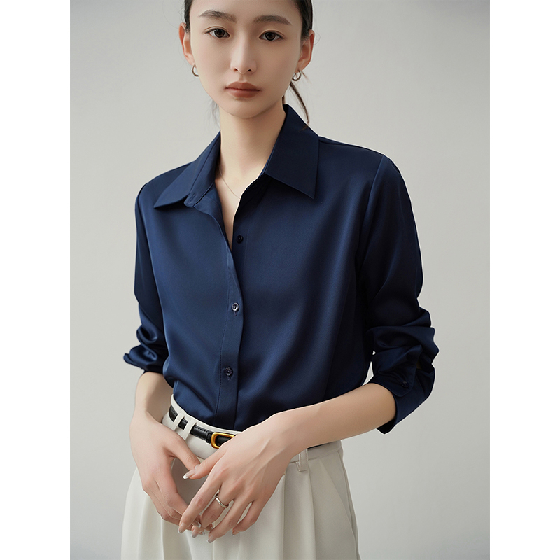 Achu Ji Simple and Elegant Navy Blue Satin Shirt for Women, Blue Professional Shirt, Dark Blue Stylish Commuter Ol Top Achu Ji Simple and Elegant Navy Blue Satin Shirt for Women, Blue Professional Shirt, Dark Blue Stylish Commuter Ol Top