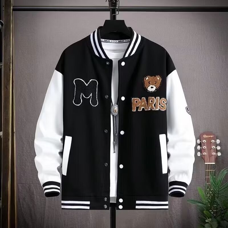 Trendy Bear Baseball Jacket for Men, New Autumn Style for Teenagers, Popular among Middle and High School Students, Slim-Fit Baseball Collar Men's Jacket