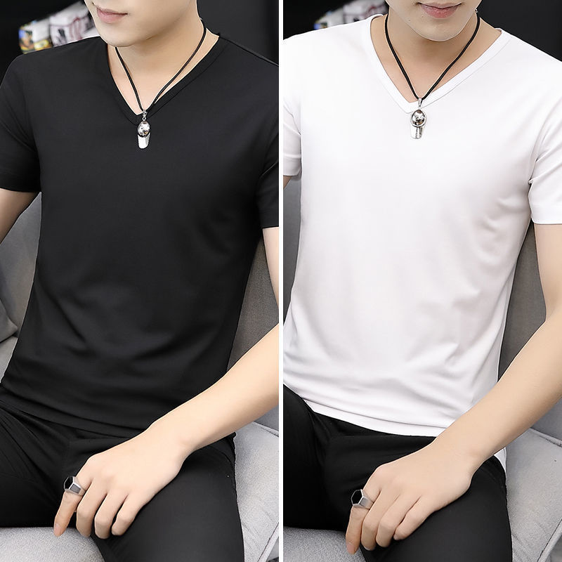 Modal Cotton Short-Sleeve T-Shirt for Men, V-Neck, Summer Ice Silk Thin Style, Solid Color, Quick-Dry Undershirt