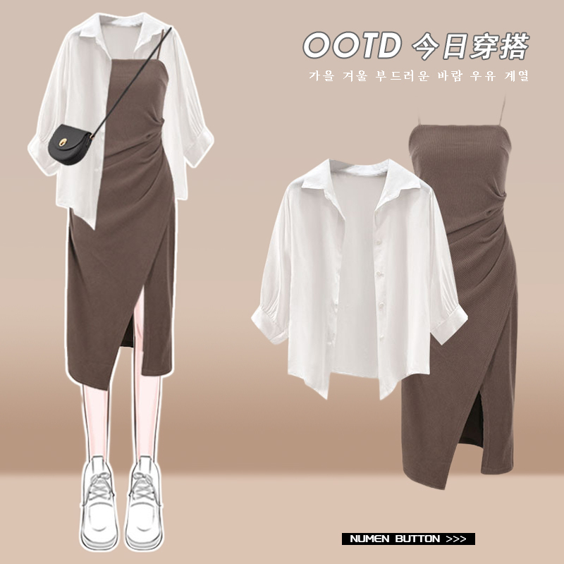 Designed Slit-Sleeve Slip Dress for Women, New Summer Style, Petite, Elegant, Age-Reducing Shirt and Hip-Hugging Skirt Two-Piece Set