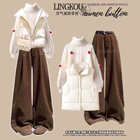 Белый жилет, свитер, цветные штаны, комплект