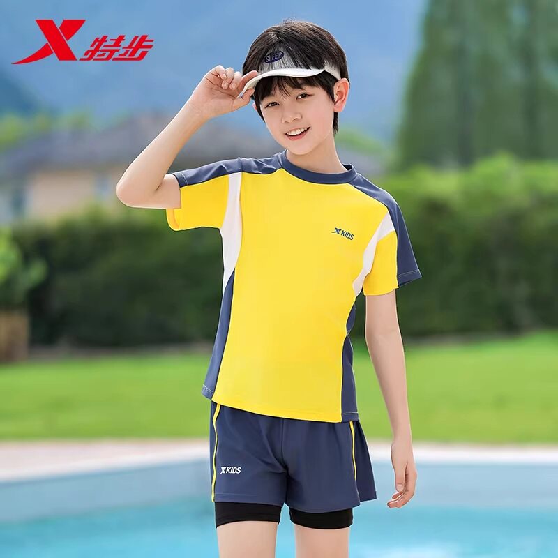 特步儿童泳衣男童分体双层中大童2026新款男孩青少年泳裤泳衣套装