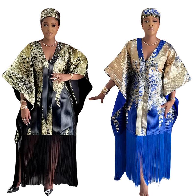 Foreign Trade African Gold-Stamped Plus-Size Robe Headscarf Women's Tassel Dress