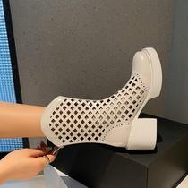 High Heel Short Boots Woman 2022 Spring Summer New Web Yarn Hollowed-out Martin Boots Cool Boots Summer 100 Hitch Style Thick Heel