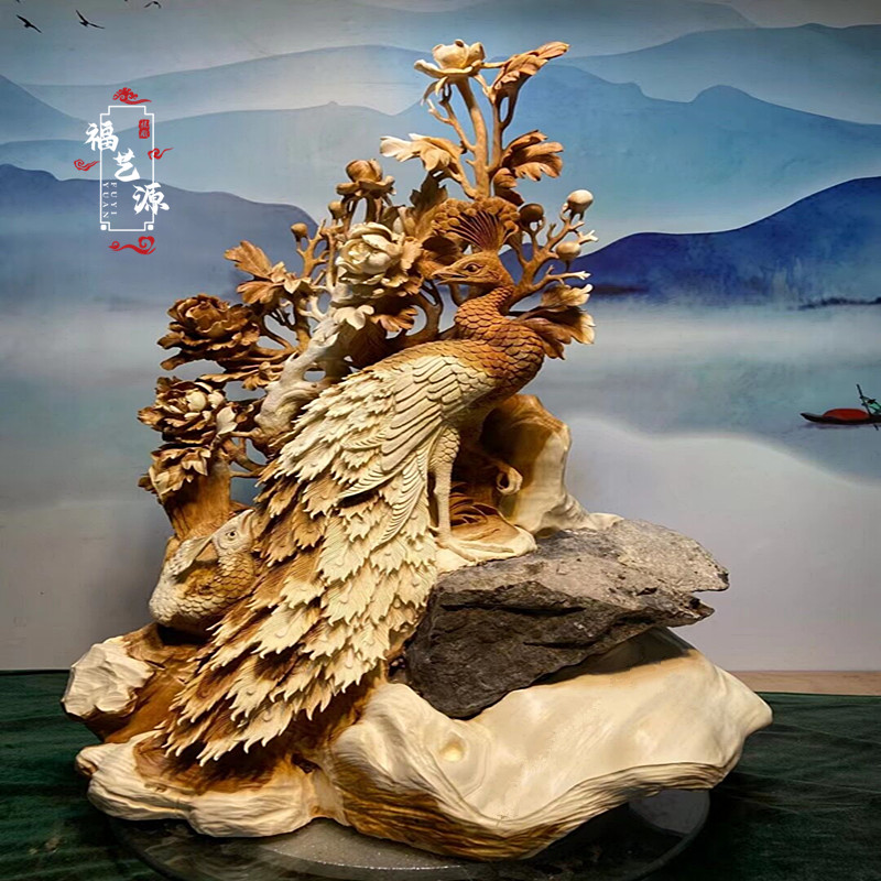 Taihang Cliff Large root carved landscape gold silk Nangwood Flowers Bird Figure Animal Craft Gift Pendulum decorated living room office swing piece