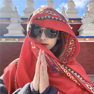 Ethnic style spring and autumn sunscreen Qinghai Lake tourism photo Red Tea card Salt Lake big shawl silk scarf desert scarf women