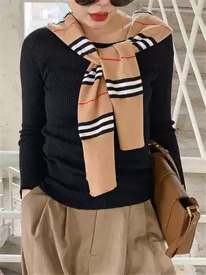 Spring Korean Joker Japanese girl classic striped knitted air conditioning shawl neck shirt Knot shirt knot shoulder summer