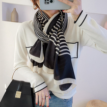 Autumn and winter cotton and linen scarf female Korean version of spring and autumn thin black and white stripes wild fashion exterior decoration dual-use scarf