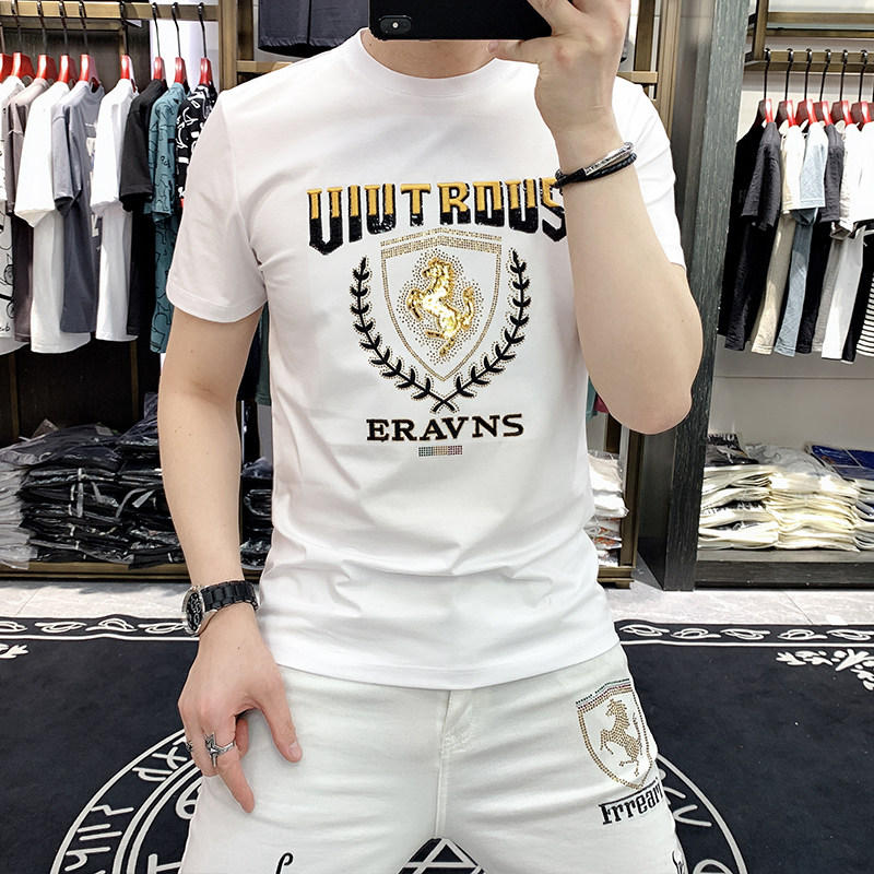 Summer New Tide Fashion Short Sleeve T-shirt Men's European Station Traditional Trend Letter Embroidery Silk Cotton Half-sleeve