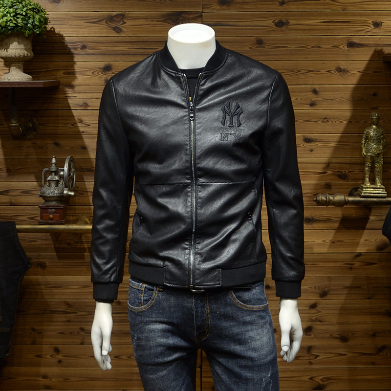 Spring new leather jacket youth Korean version trend simple slim baseball collar PU leather coat men's motorcycle clothing