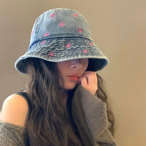 Японская промывая вода джинсовая горшка самка 2024 Новая весна и летняя вышитая тень бабочки Большая голова.