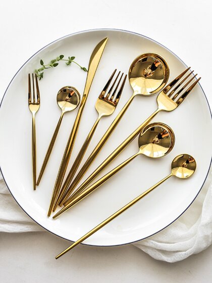 Internet-Famous Portuguese Gold Mirror Finish 304 Stainless Steel Steak Knife, Fork, Spoon, Chopsticks 2-Piece Set Western Cutlery Dessert Knife, Fork, Soup Spoon