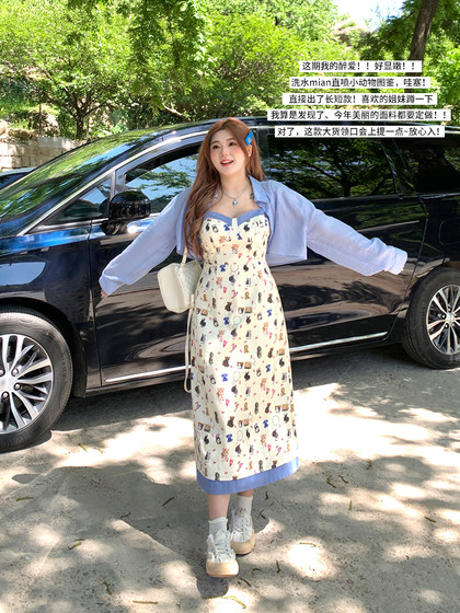 安妮不火动物园涂鸦吊带连衣裙女2024夏季新款微胖大码可爱小裙子