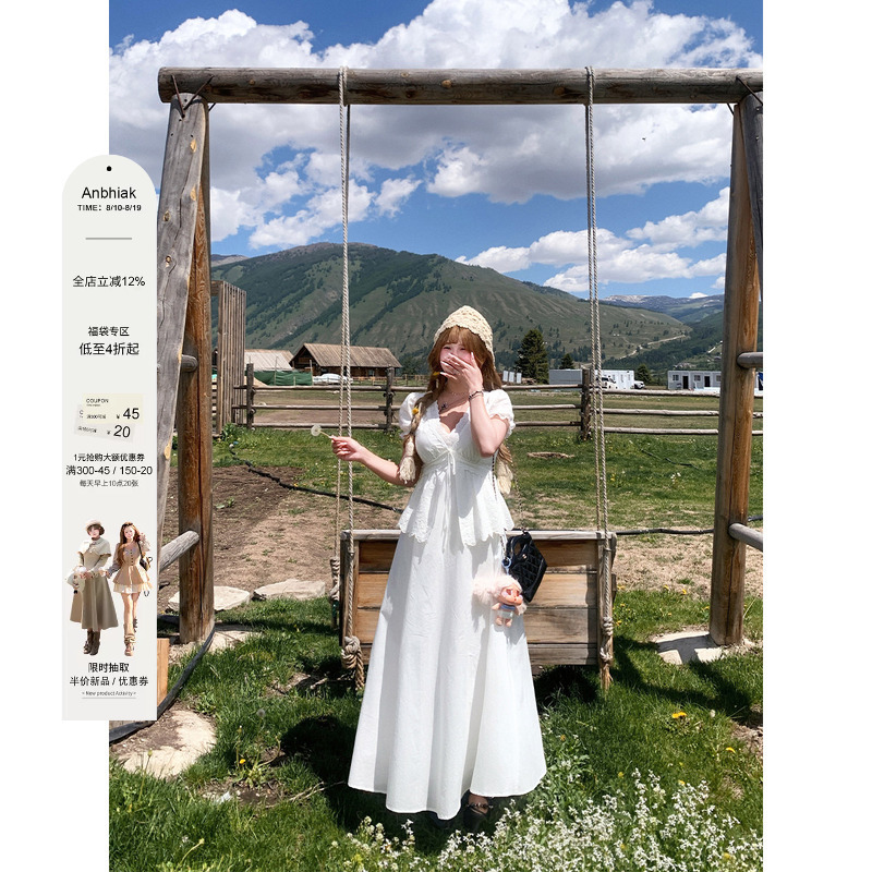 Annie Is Not Popular 100% Cotton Water-Soluble Embroidery Lace Dress for Women with a Slightly Chubby Figure, Plus Size, Waist-Cinching White Dress
