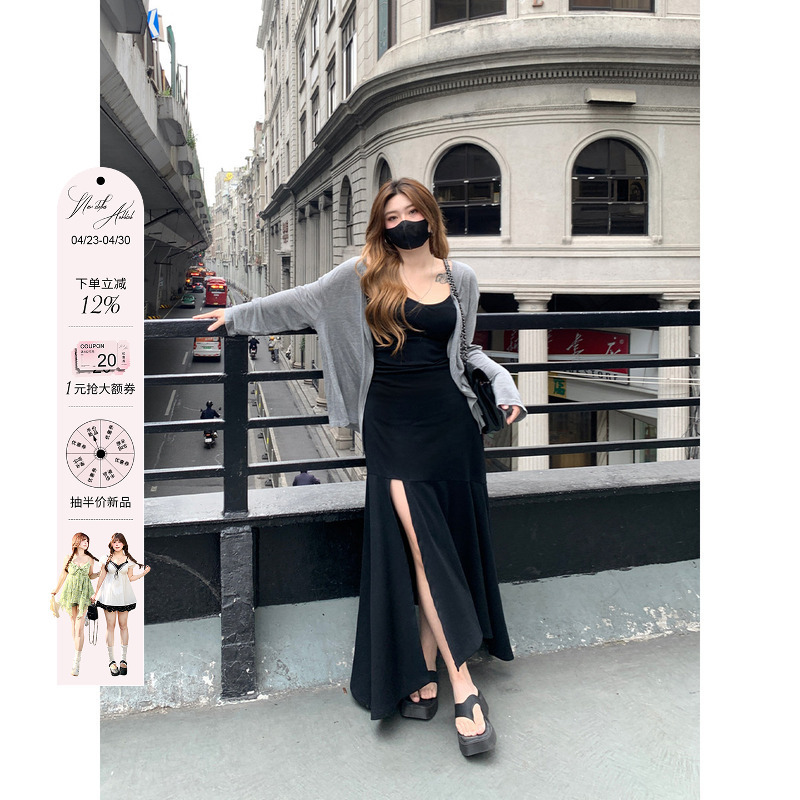 Annie's Not Popular, Slit Fishtail Spaghetti Strap Dress for Women, Waist-Cinching, 2024 Summer New Style, Slightly Plus-Size, Slimming Dress