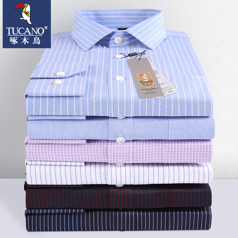 Woodpecker Spring and Autumn Men's Long Sleeve Shirt, Thin Non-Iron Business Formal Striped Shirt for Middle-Aged Men, Dad's Style