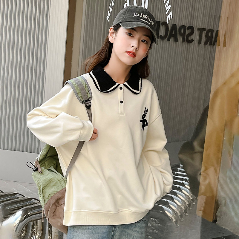 Girl's clothing autumn clothing 2023 new foreign air CUHK Tong polo turn the rabbit embroidered autumn blouses with undershirt-Taobao