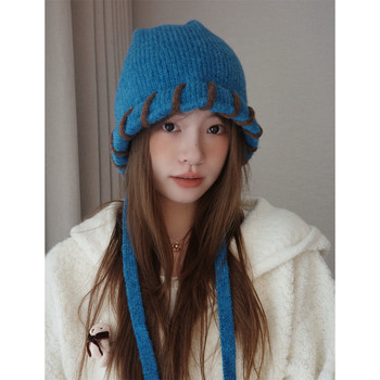 Ding zuozou korean style personalized hand-stitched woolen hat for women with small face, winter warm and ear-protecting knitted lei feng hat