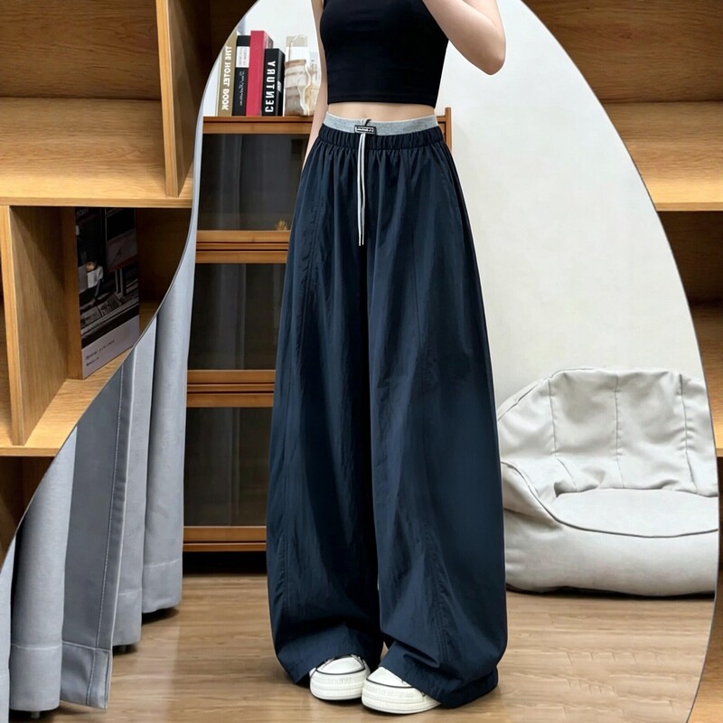 Navy Blue Casual Sweatpants for Women, New Autumn Style, Plus Size, High-Waisted, Loose, Slimming, Quick-Drying, Drapey Wide-Leg Pants