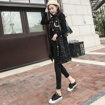 Spring and autumn new tweed small fragrant wind vest womens round neck jacket Korean version of the long section wild net red waistband to wear outside