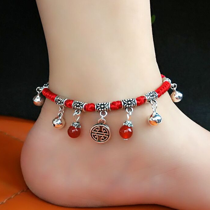 New shaking sound red rope anklet female hand woven fashion red rope bell student anklet jewelry 12 zodiac optional