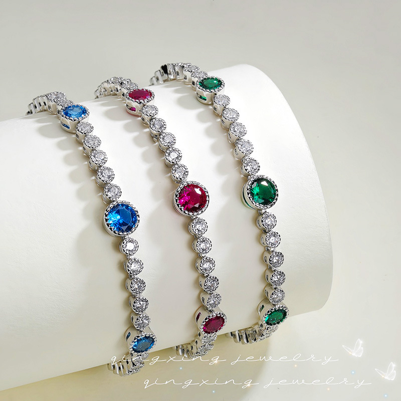 Synthetic Ruby, White Zirconia, and Full Diamond Inlaid Tennis Bracelet with a Light Luxury and High-End Feel, Sea Blue Spinel Bezel-Set Bracelet Synthetic Ruby, White Zirconia, and Full Diamond Inlaid Tennis Bracelet with a Light Luxury and High-End Feel, Sea Blue Spinel Bezel-Set Bracelet