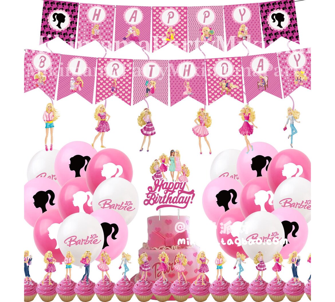 Barbie Doll Theme Party Decoration Happy Birthday Pink Flag Balloon Cake Insert Hanging Set