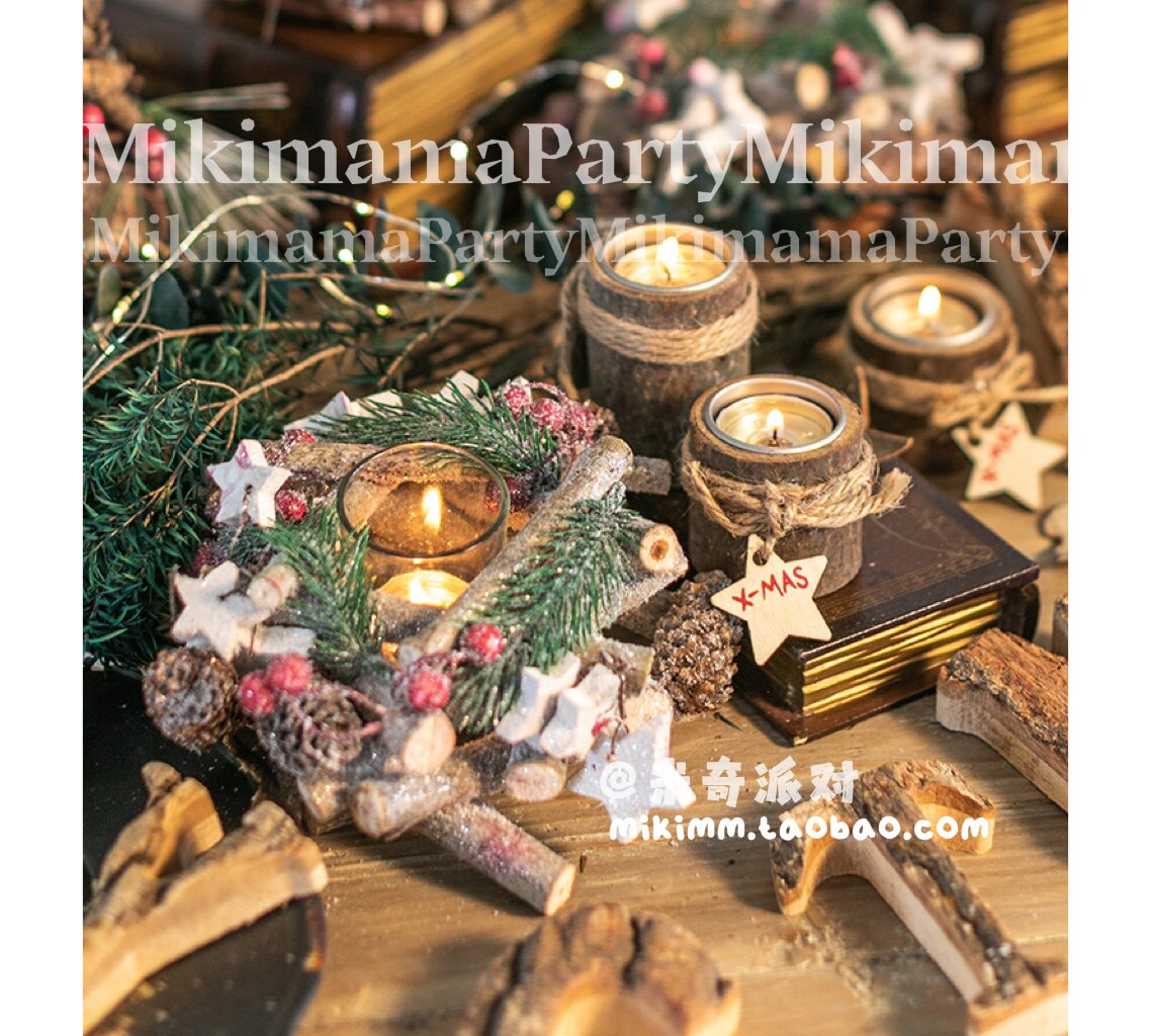 Wooden red fruit candlestick glass windproof lamp pentagram candlestick decoration Christmas decoration hotel shopping mall decoration