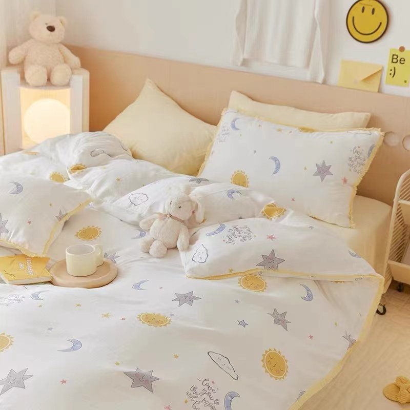 Cartoon Double Layer Gauze Baby Grade Fabric Cute 1 5 1 8m Children Bed Hat Four Pieces Naked Sleeping Full Cotton Quilt Cover