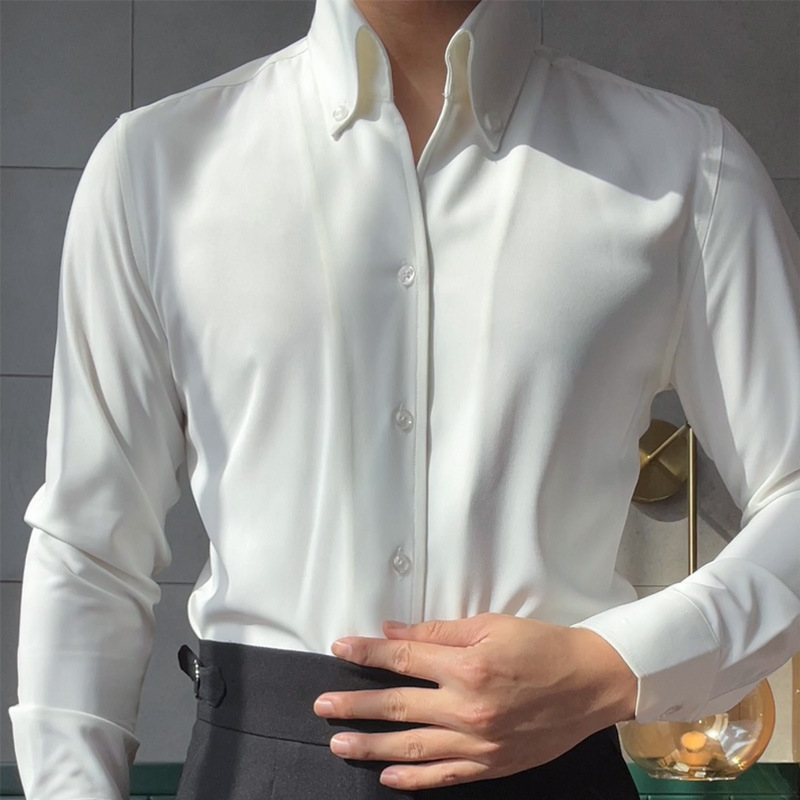 French-Style Men's Long-Sleeved Casual Luxury Slim-Fit Business Formal Stand-Up Collar Shirt, Non-Iron, Elegant Top