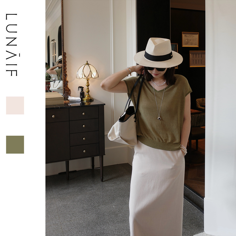 Lunaif/Summer Popsicle-Style Shoulder-Length Sleeves, Sun-Protective High-Twist Hemp Mini-Refrigerator V-Neck Slimming Knit Top