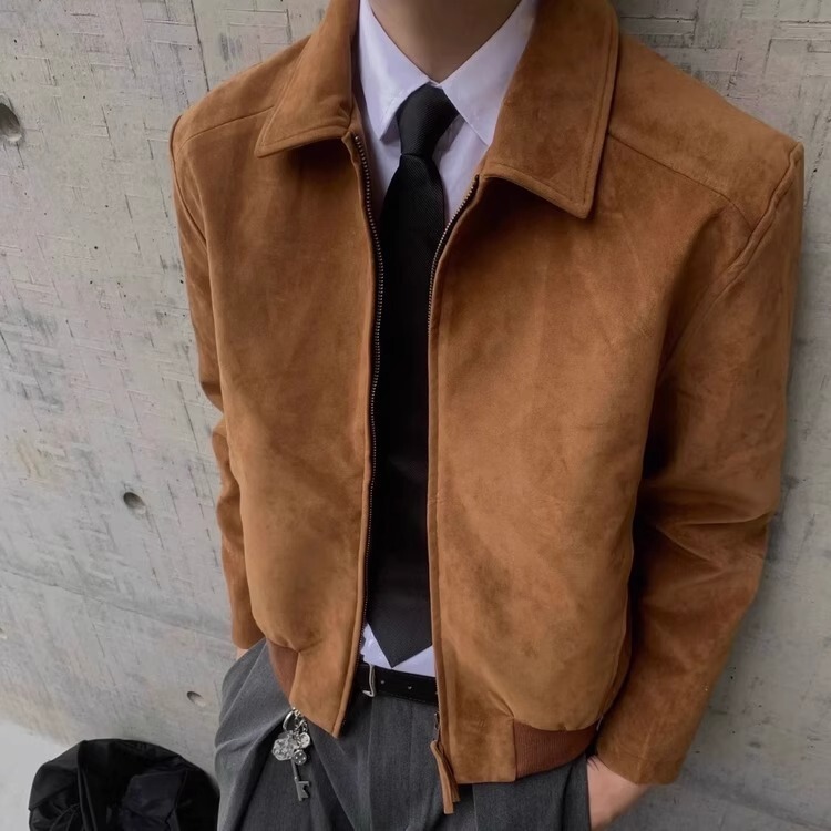 Men's Autumn and Winter Short Fitted Lapel Vintage Brown Suede Flight Work Jacket Stylish