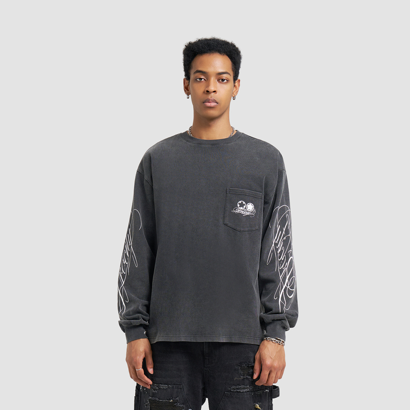Procity Washed Floral Long-Sleeve T-Shirt, Pure Cotton, Round Neck, Cao Fang Sports Casual Loose Fit Unisex T-Shirt, Trendy