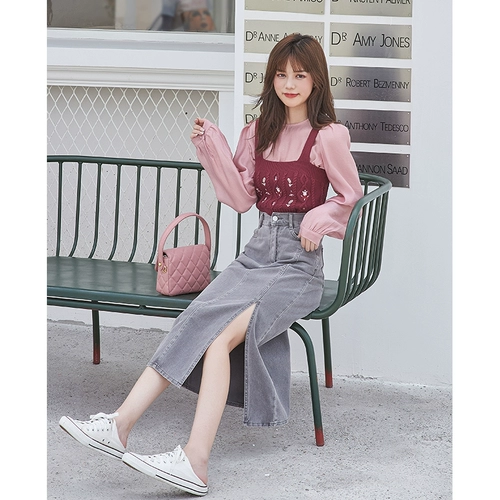 谜秀 Длинная осенняя ретро джинсовая юбка, длина миди, коллекция 2021, высокая талия, по фигуре