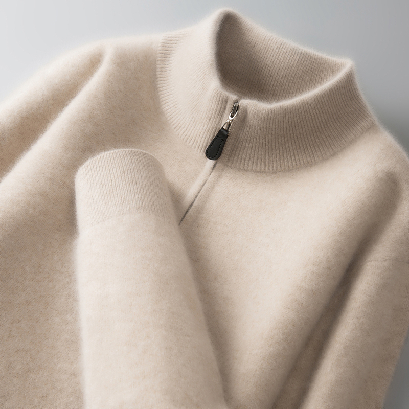 Fine-Spun Double-Ply 100% Pure Cashmere Sweater for Men, Business Casual Knit Sweater with Half-Zip, Warm Wool Sweater