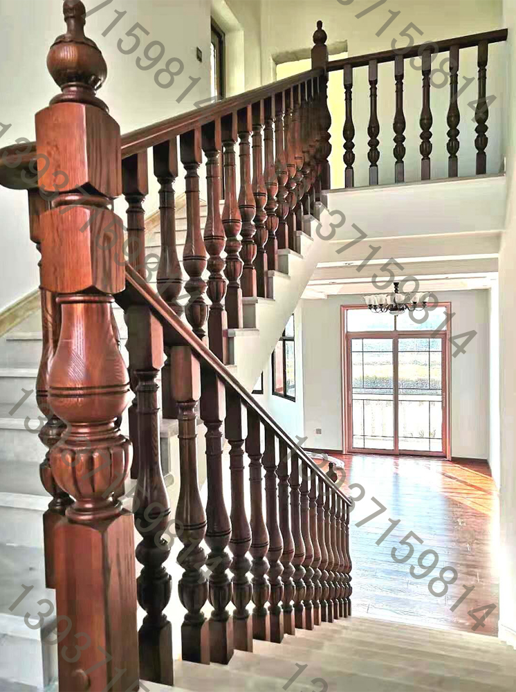 Custom stairs Red oak stairs handrail railing Wooden column Solid wood handrail European style guardrail Balcony bay window guardrail