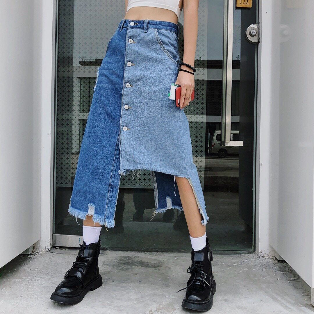 Mid Long Denim Skirt Women Patchwork 
