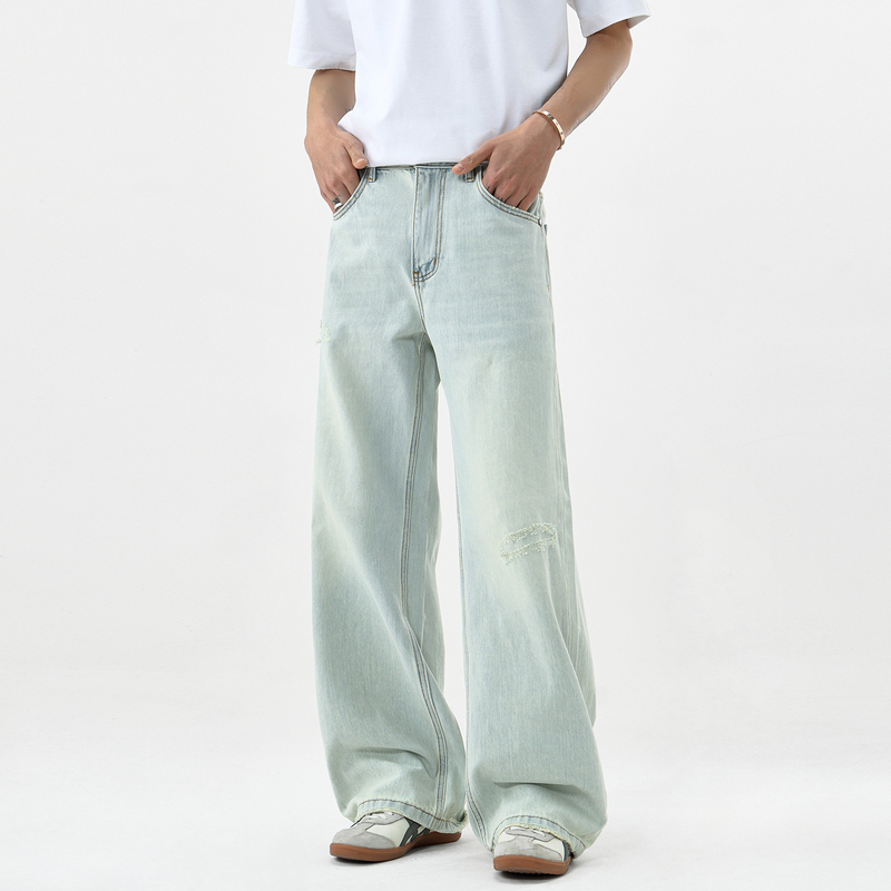 Aganonmem Cream Washed Slub Light Blue Vintage Distressed Slightly Wide Denim Pants Pure Cotton Casual Pants Spring