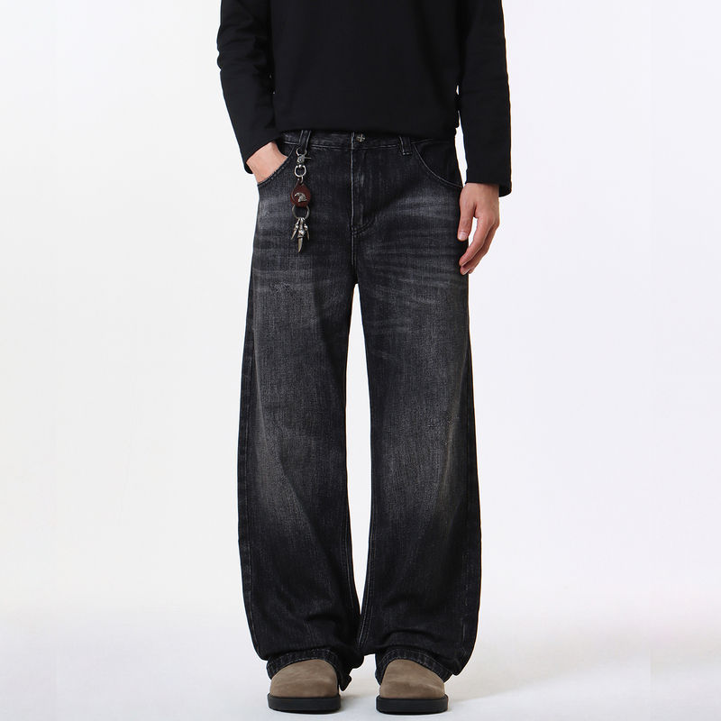 Aganonmem Heavy Washed Black Wide-Leg Jeans for Men, Spring and Autumn High Street Loose Casual Straight Pants for Men