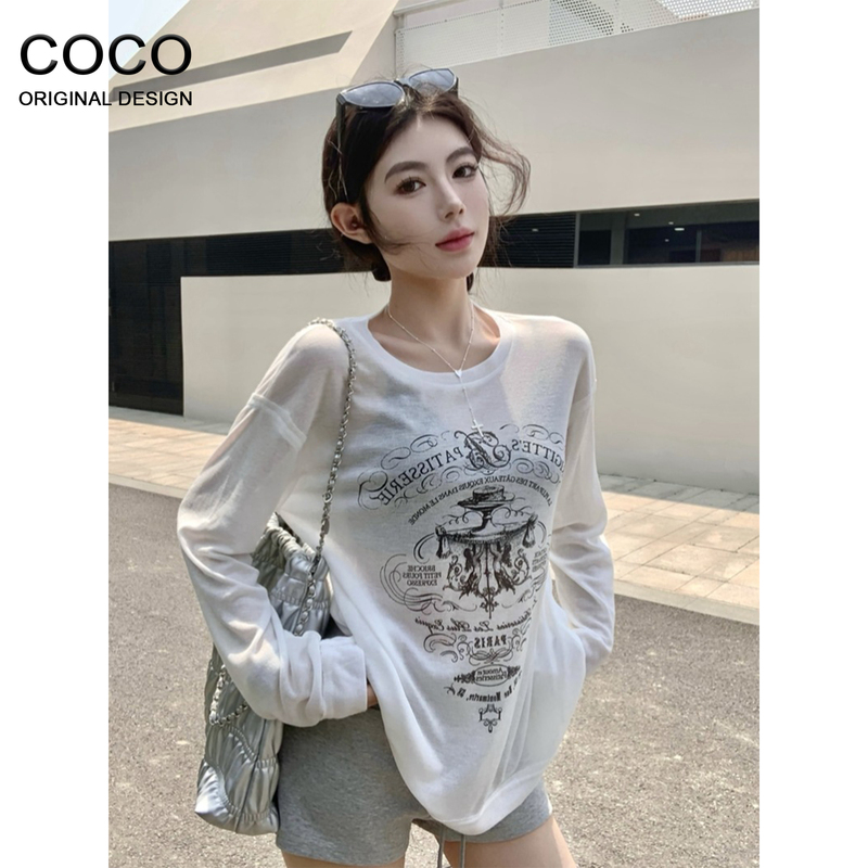 White Casual Style Letter Print Long-Sleeve T-Shirt for Women, 2026 New Summer Thin Loose See-Through Sun Protection Top