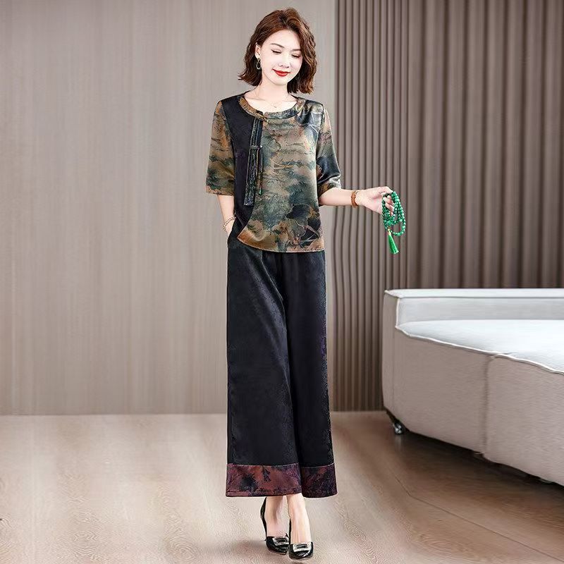 Hueq Light Luxury Fashion Xiangyun Silk Suit Chinese-Style Top and Wide-Leg Pants Two-Piece Set Loose Retro National Style Two-Piece Set