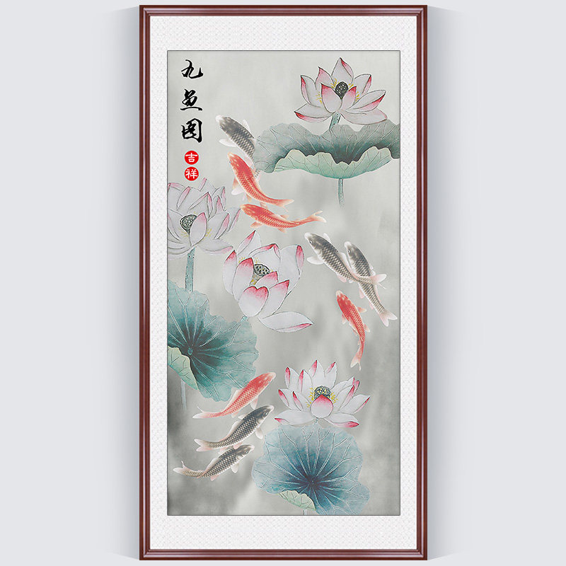 Lotus Jiuyu Tutu Cross embroidered line embroidered new living room home Xuanguan Vertical version 2022 yourself handmade full embroidered 2021