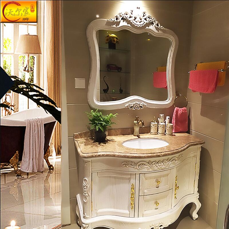 European Bathroom Cabinet Combination Red Oak Hand Wash Basin Cabinet Solid Wood Floor-To-Ceiling Bathroom Marble Basin Bathroom