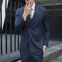 Bộ đồ sọc nam Bộ ba mảnh Hàn Quốc Slim British Suit Suit nhỏ Kích thước lớn Váy cưới chú rể suit nam