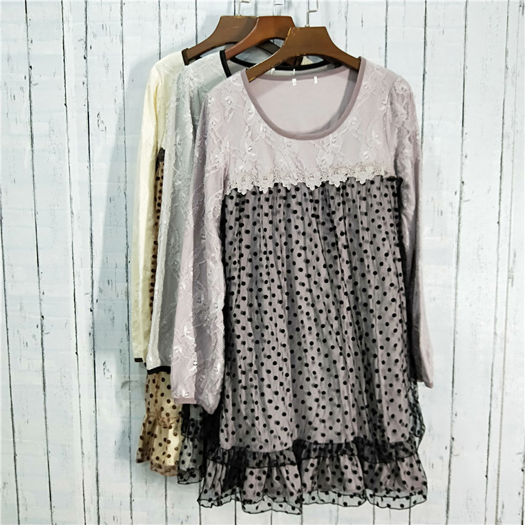 2018 phụ nữ mới mùa thu ren khâu lưới dot dress T-2-4-3-4 váy sơ mi