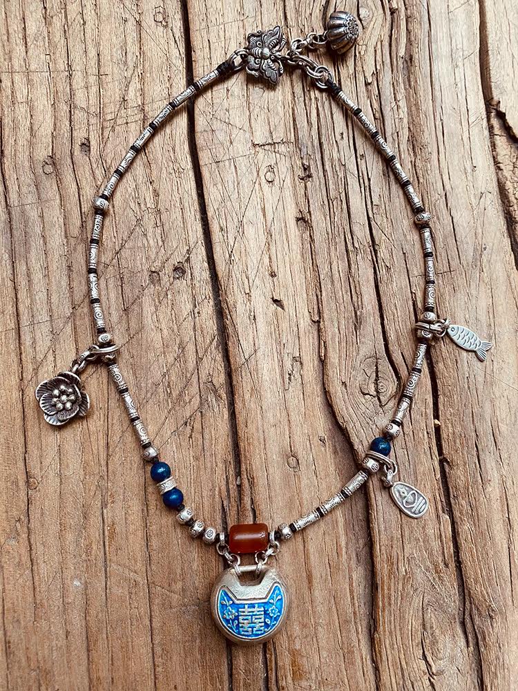 Blue Double Festive Necklace Handmade Silver