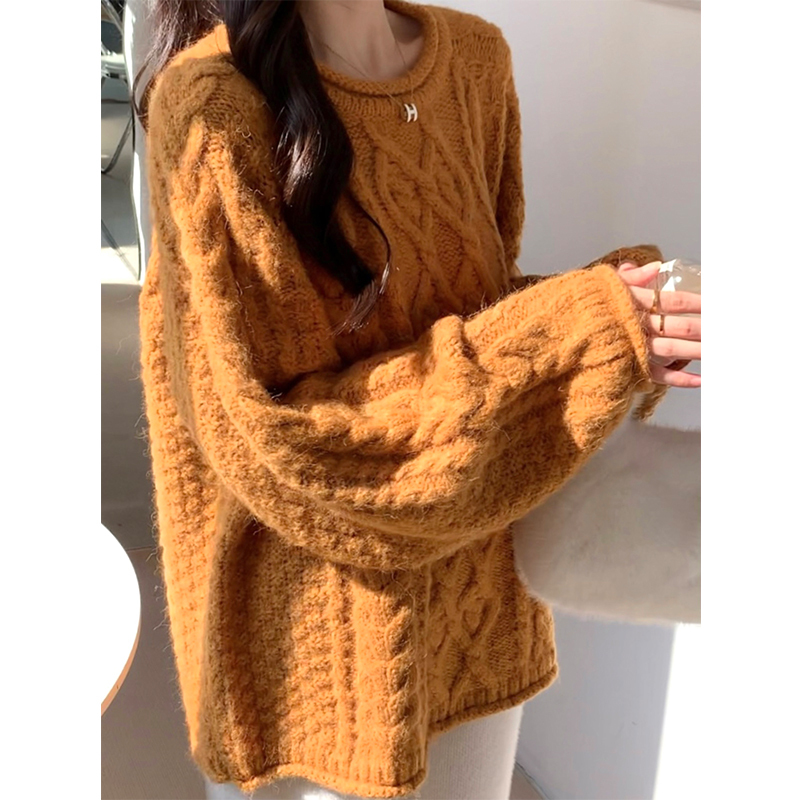 Orange Retro Round-Neck Sweater for Women, New Autumn and Winter Style, Lazy Style with Three-Dimensional Rolled Edges, Loose Twist-Knit Thick Sweater
